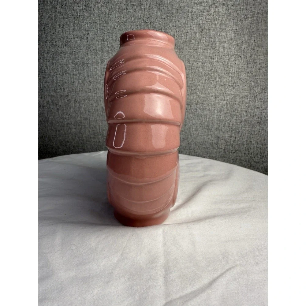 80s Art Deco Revival‎ Coral Dusty Rose Pink Vase Double Hearts 6.5in x 7in